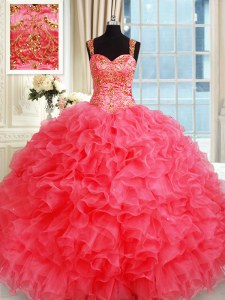 Trendy Straps Coral Red Sleeveless Organza Lace Up Sweet 16 Quinceanera Dress for Military Ball and Sweet 16 and Quinceanera
