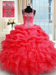 Popular Coral Red Straps Zipper Beading and Ruffles and Pick Ups Quince Ball Gowns Sleeveless