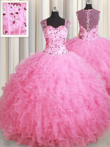 Straps Rose Pink Tulle Zipper Vestidos de Quinceanera Sleeveless Floor Length Beading and Ruffles