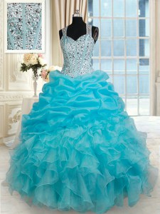Straps Aqua Blue Sleeveless Beading and Ruffles and Pick Ups Floor Length Quinceanera Gowns