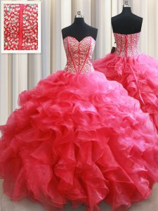 Coral Red Sleeveless Organza Lace Up Quince Ball Gowns for Military Ball and Sweet 16 and Quinceanera