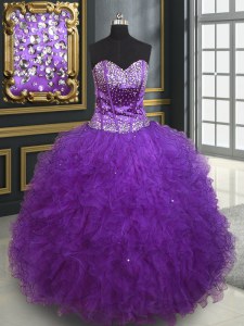 Best Selling Eggplant Purple Sleeveless Tulle Lace Up Quinceanera Dress for Military Ball and Sweet 16 and Quinceanera