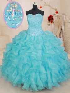 Vintage Ball Gowns Quinceanera Dress Aqua Blue Sweetheart Organza Sleeveless Floor Length Lace Up