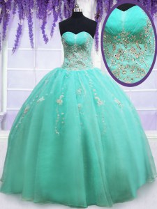 Hot Selling Sleeveless Floor Length Beading and Appliques Zipper Quinceanera Dresses with Apple Green