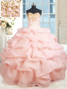 Latest Baby Pink Sleeveless Beading and Embroidery and Pick Ups Floor Length 15th Birthday Dress