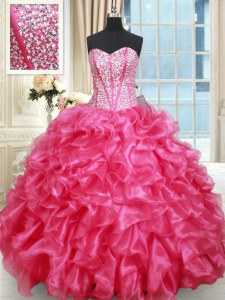 Ruffled Ball Gowns Sweet 16 Dress Hot Pink Sweetheart Organza Sleeveless Floor Length Lace Up