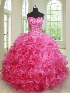 Clearance Floor Length Ball Gowns Sleeveless Hot Pink Quinceanera Gowns Lace Up