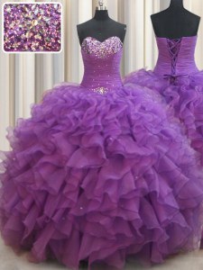 New Arrival Ball Gowns Quinceanera Gown Eggplant Purple Sweetheart Organza Sleeveless Floor Length Lace Up