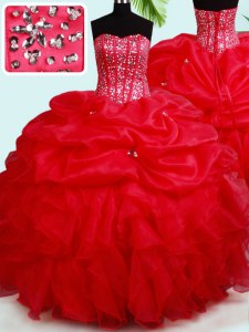 Floor Length Lace Up Sweet 16 Dresses Red for Military Ball and Sweet 16 and Quinceanera with Beading and Ruffles and Pick Ups