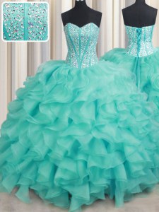 Organza Sweetheart Sleeveless Lace Up Beading and Ruffles 15 Quinceanera Dress in Turquoise