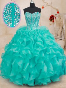 Charming Turquoise Lace Up Vestidos de Quinceanera Beading and Ruffles Sleeveless Floor Length