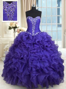 Purple Ball Gowns Organza Sweetheart Sleeveless Beading and Ruffles Floor Length Lace Up Quinceanera Dress