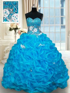 Fitting Baby Blue Ball Gowns Sweetheart Sleeveless Organza With Brush Train Lace Up Beading and Pick Ups Quinceanera Dresses