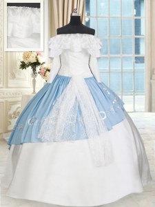 Cheap Blue And White Sweet 16 Quinceanera Dress Military Ball and Sweet 16 and Quinceanera and For with Lace and Bowknot Off The Shoulder Long Sleeves Lace Up