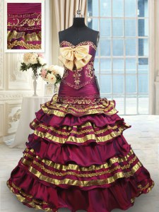 Luxury Beading and Ruffled Layers and Bowknot Sweet 16 Dresses Burgundy Lace Up Sleeveless With Brush Train