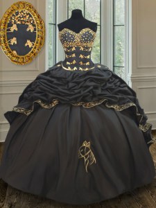 Black Ball Gown Prom Dress Taffeta Brush Train Sleeveless Beading and Embroidery and Pick Ups