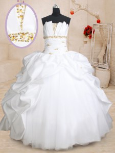 Scoallped White Ball Gowns Scalloped Sleeveless Taffeta and Tulle Floor Length Lace Up Beading and Pick Ups Quinceanera Gowns