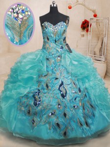 Best Selling Beading and Embroidery and Ruffles Ball Gown Prom Dress Teal Zipper Sleeveless Floor Length