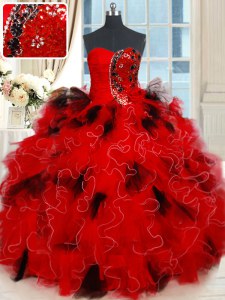 Glittering Black and Red Sleeveless Floor Length Beading and Ruffles and Sequins Lace Up Ball Gown Prom Dress