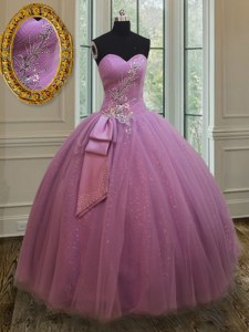 Lilac Ball Gowns Sweetheart Sleeveless Tulle Floor Length Lace Up Beading and Belt Sweet 16 Dress