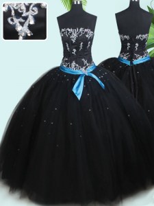 Sleeveless Tulle Floor Length Lace Up Quinceanera Gown in Black with Beading and Belt