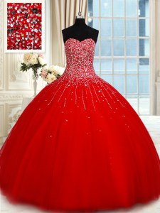 Top Selling Red Lace Up Sweetheart Beading Sweet 16 Dress Tulle Sleeveless
