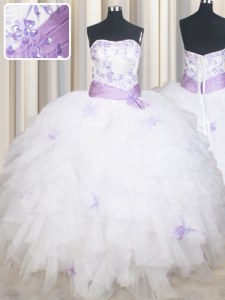 White Sleeveless Floor Length Beading and Ruffles and Belt Lace Up Quinceanera Gowns