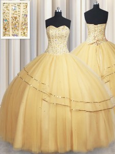 Colorful Gold Sweetheart Neckline Beading and Sequins Quince Ball Gowns Sleeveless Lace Up