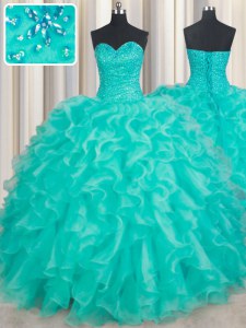 Adorable Floor Length Lace Up Quince Ball Gowns Turquoise for Military Ball and Sweet 16 and Quinceanera with Beading and Ruffles