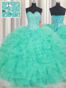 Turquoise Sweet 16 Dress Military Ball and Sweet 16 and Quinceanera and For with Beading and Ruffles Sweetheart Sleeveless Lace Up