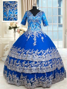Custom Made Royal Blue Zipper V-neck Beading and Lace and Ruffled Layers Quinceanera Dress Satin Half Sleeves