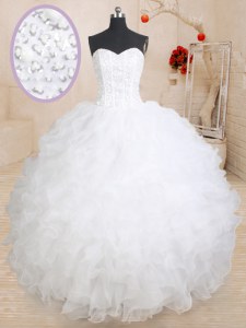 New Arrival White Organza Lace Up Sweet 16 Quinceanera Dress Sleeveless Floor Length Beading and Ruffles