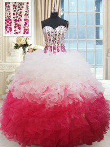 Beauteous White and Red Ball Gowns Sweetheart Sleeveless Organza Floor Length Lace Up Beading and Ruffles Quinceanera Gown