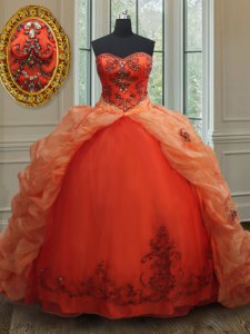 Pick Ups With Train Ball Gowns Sleeveless Orange Red Ball Gown Prom Dress Brush Train Lace Up
