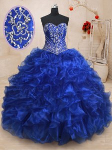 Royal Blue Sleeveless With Train Beading and Ruffles Lace Up 15th Birthday Dress