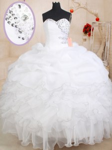 White Zipper 15 Quinceanera Dress Beading and Ruffles and Pick Ups Sleeveless Floor Length