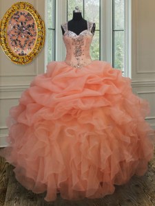 Orange Straps Zipper Beading and Ruffles and Pick Ups Quinceanera Gowns Sleeveless