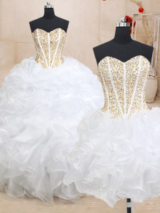 Three Piece White Organza Lace Up Quinceanera Gown Sleeveless Floor Length Beading and Ruffles