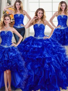 Four Piece Floor Length Ball Gowns Sleeveless Royal Blue Quinceanera Dresses Lace Up