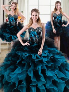 High Quality Four Piece Beading and Ruffles and Hand Made Flower Quinceanera Dresses Black and Blue Lace Up Sleeveless Floor Length
