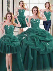 Lovely Four Piece Organza Sleeveless Floor Length Quince Ball Gowns and Beading and Ruffles and Pick Ups