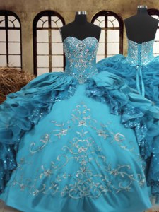 Teal Sweetheart Lace Up Beading and Embroidery and Ruffles Quince Ball Gowns Sleeveless