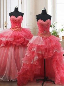 Three Piece White and Coral Red Lace Up Sweetheart Beading and Ruffled Layers Quinceanera Gowns Organza Sleeveless Brush Train