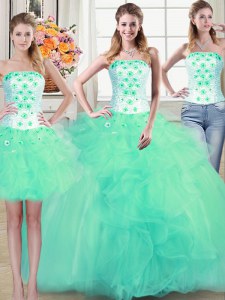 Three Piece Floor Length Ball Gowns Sleeveless Turquoise 15 Quinceanera Dress Lace Up