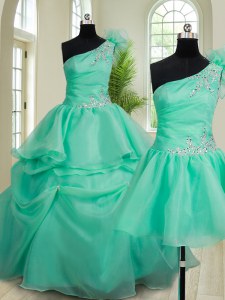 Three Piece Turquoise One Shoulder Neckline Beading and Hand Made Flower Quince Ball Gowns Sleeveless Lace Up