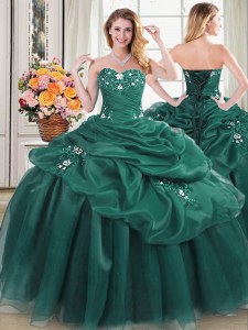 Pretty Floor Length Dark Green Quinceanera Dress Organza Sleeveless Beading and Appliques and Pick Ups