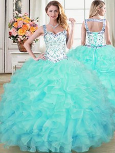 Custom Design Aqua Blue Straps Lace Up Beading and Lace and Ruffles Quinceanera Gown Sleeveless