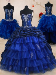 Four Piece Royal Blue Ball Gowns Organza and Taffeta Sweetheart Sleeveless Beading and Ruffled Layers and Pick Ups With Train Lace Up 15th Birthday Dress Brush Train