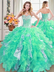 Turquoise Sweetheart Neckline Beading and Ruffles and Sequins Quinceanera Dresses Sleeveless Lace Up