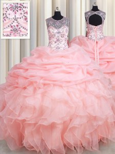 Sweet Baby Pink Ball Gowns Scoop Sleeveless Organza Floor Length Lace Up Beading and Ruffles and Pick Ups Quinceanera Dress